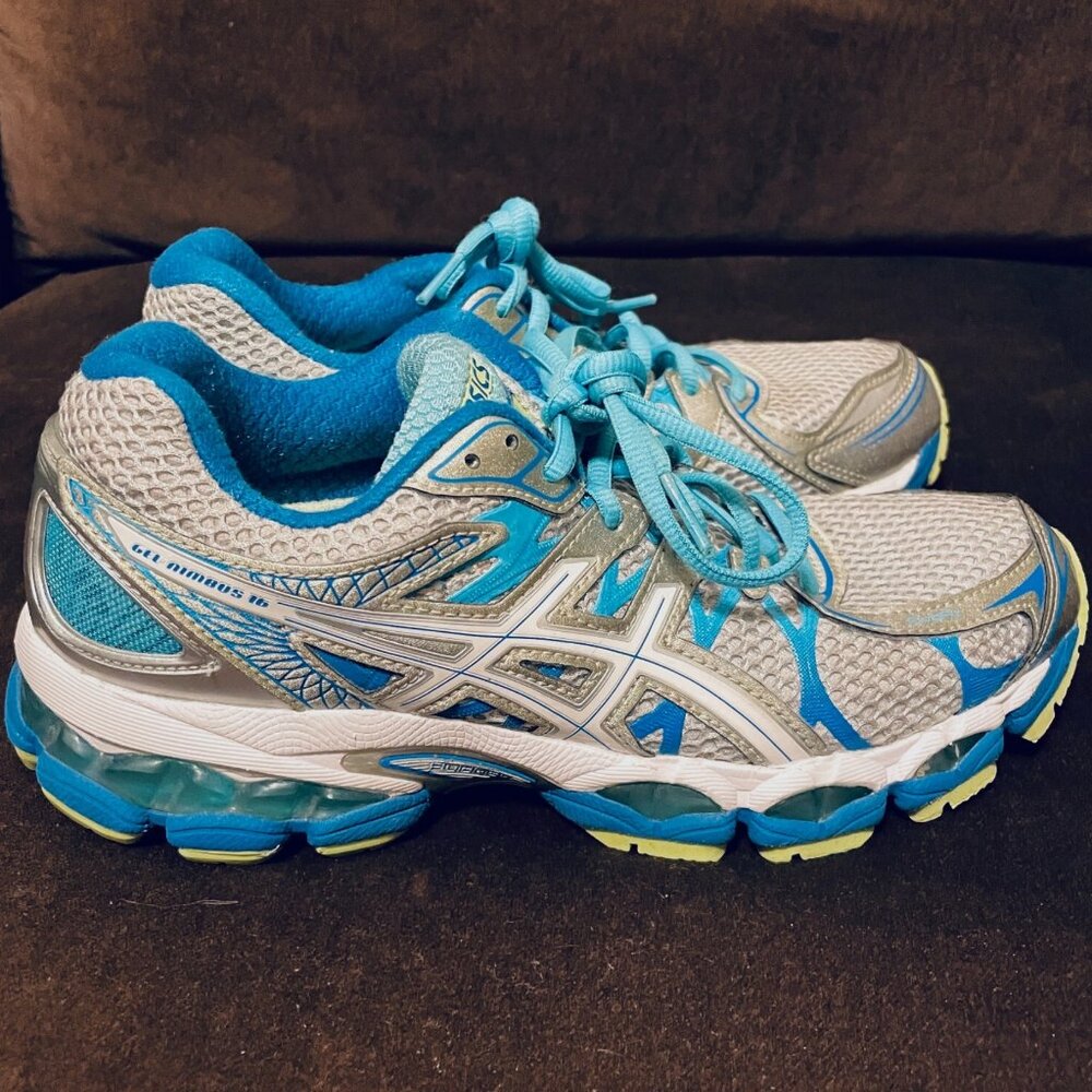 Mint Condition Asics GEL Nimbus 16 Light Grey Blue Turquoise Lime 8 US 39 EUR